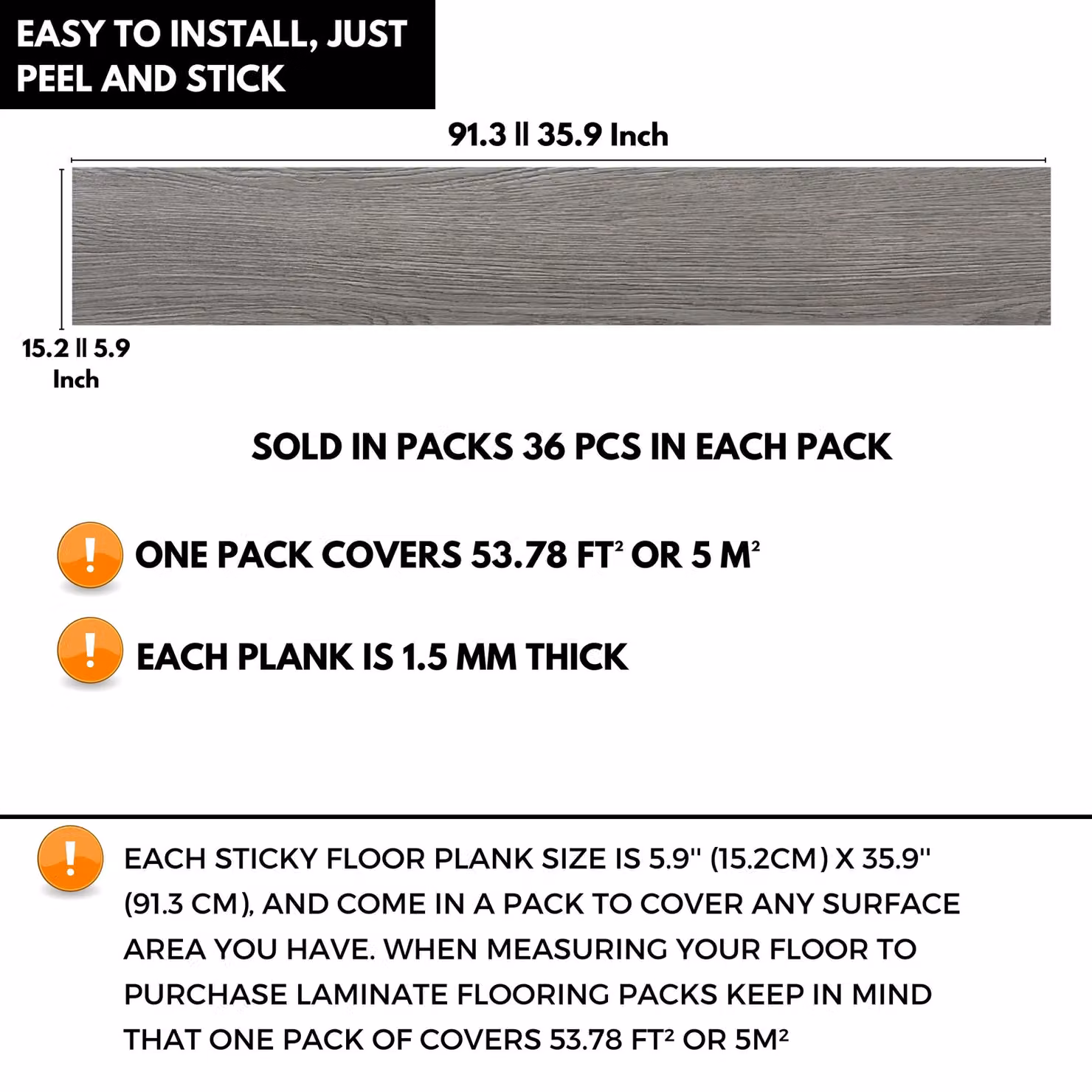 Novecrafto Self Adhesive Grey Wood Look Vinyl Floor Planks, Pack of 36, W/D/H: 91.4 x 15.2 cm – 3