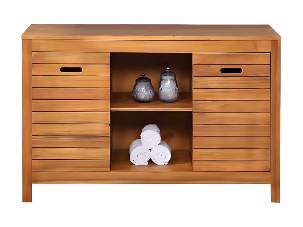 Vente-unique PULUKAN Acacia Wood Vanity Unit in Walnut Brown, W: 130 cm, D: 50 cm, H: 43 cm – 2