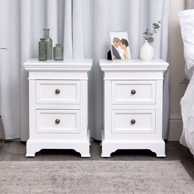Melody Maison Daventry White Range Pair of Two Drawer White Lacquered Wood Bedside Tables