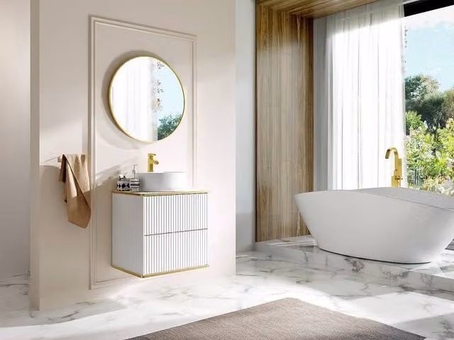 Vente-unique Suspended Striped Glossy Bathroom Vanity Unit with Gold Trim in White, W/D/H: 60 x 47 x 54 cm
