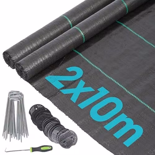 Harbour Housewares Black Heavy Duty 110gsm Weed Control Membrane with Pegs and Plates, 2 Rolls of 2m x 10m
