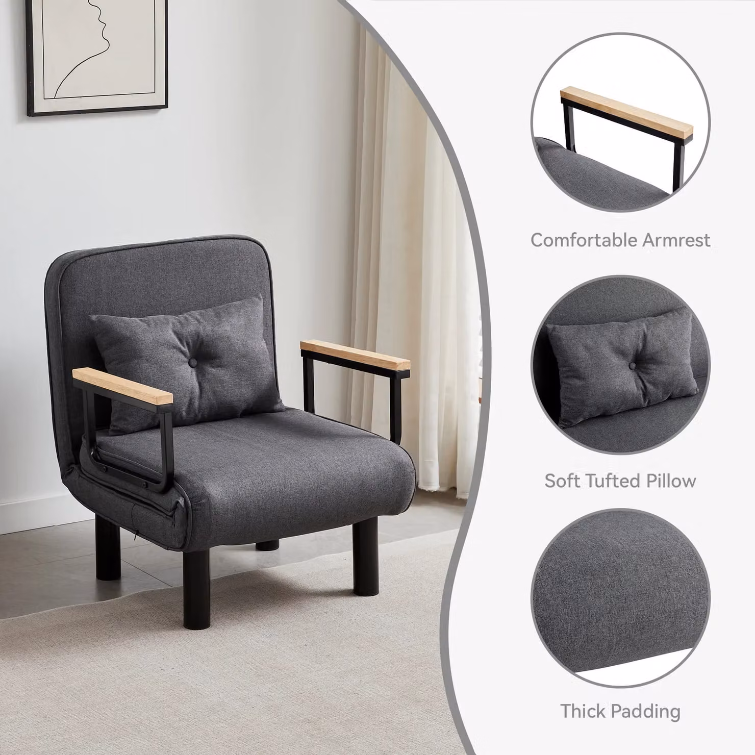 MCC Direct 4 in 1 Folding Single Sofa Bed Convertible Lounge Sleeper Chair with Adjustable Backrest and Large Cushion, Grey – 3