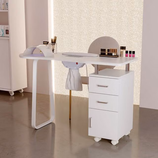 Livingandhome Modern White Manicure Table with Drawers and Dust Collectors and Metal Frame
