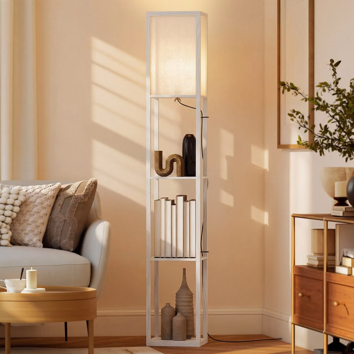 HOMCOM White Floor Lamp with 3-Tier Storage Shelf for Living Room and Bedroom – 2