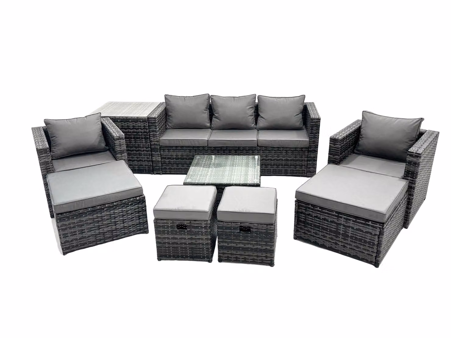 Fimous 9 Seater Patio Lounge Sofa Set in Grey with Coffee Table and Ottomans – 2