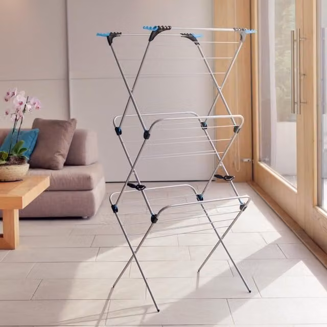 Minky 3 Tier Folding Clothes Airer in Silver with 21m Drying Space and 12 Hanger Capacity