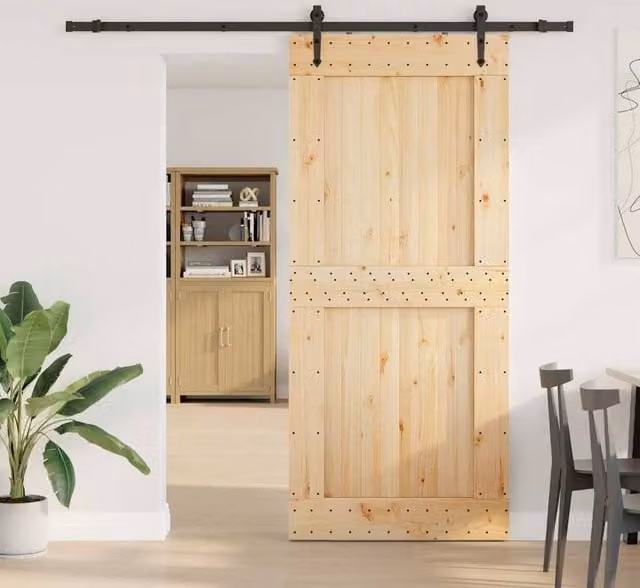Berkfield Home Rustic Solid Wood Pine Sliding Door with Hardware Set, Brown, W: 100 cm, H: 210 cm