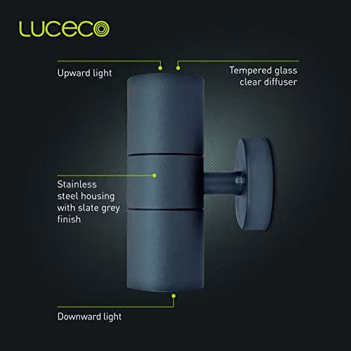 Luceco Up and Down Exterior Wall Light, Grey Stainless Steel and Glass, GU10, IP54 Rated – 4