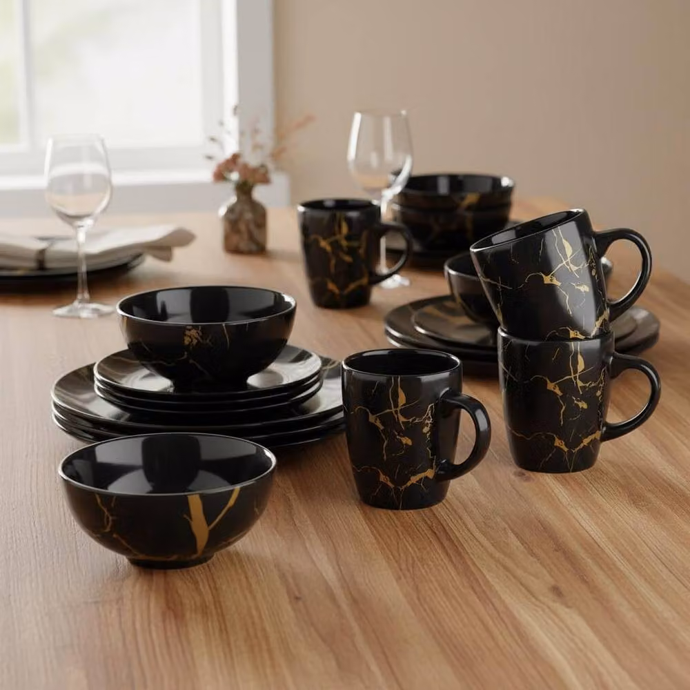 Alivio 16-Piece Ceramic Dinnerware Set in Black and Gold – 6