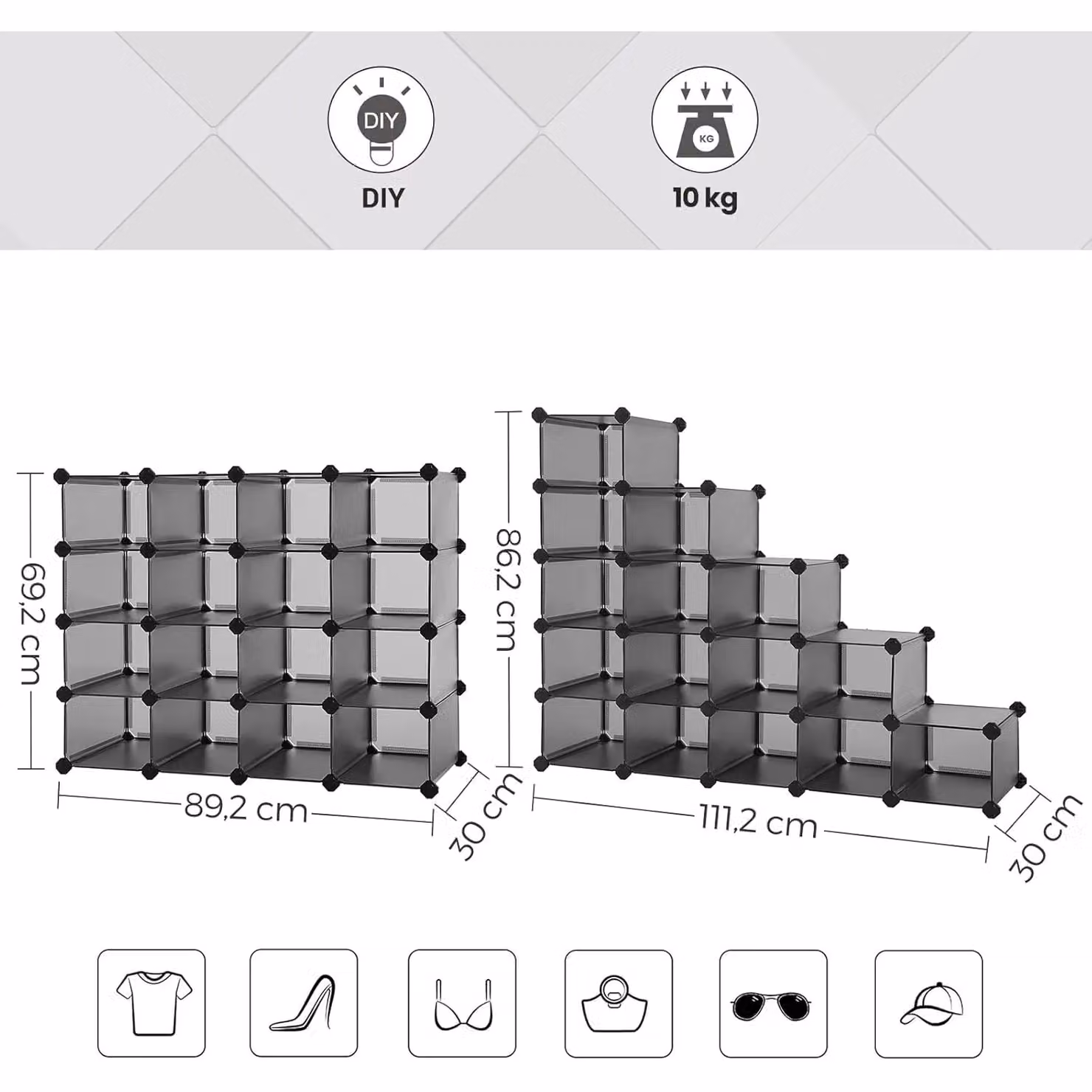 SONGMICS 16-Cube DIY Stackable Storage System Closet Divider in Grey – 2