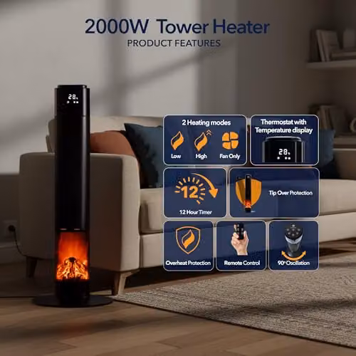 MONHOUSE Oscillating Tower Fan Heater with Fireplace, Black – 2