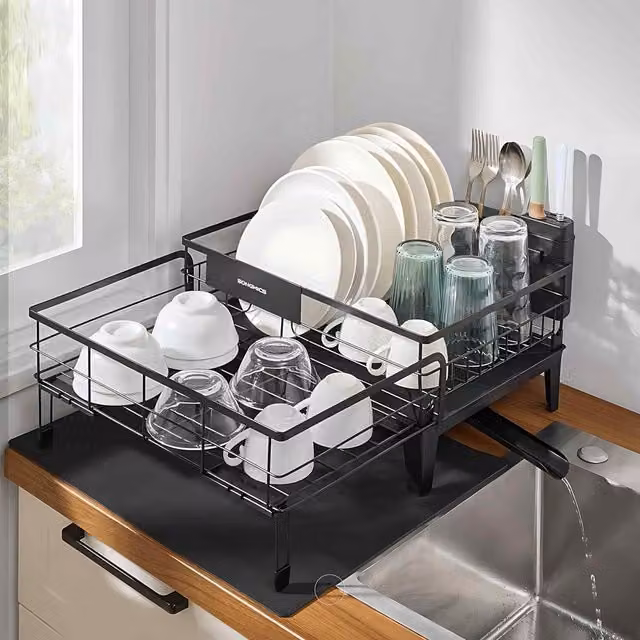 The Bazaarist Expandable Dish Drying Rack with Rotating Spout and Cutlery Holder, Black
