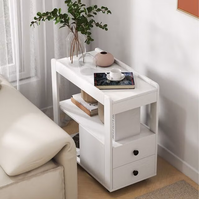 COSTWAY Modern White Rolling Sofa Side Table with Castors and Serving Tiers