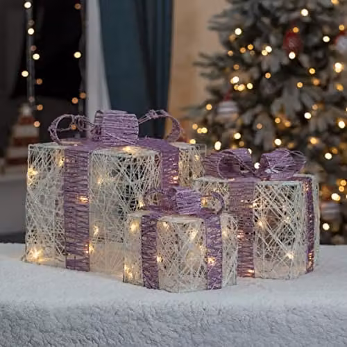 The Christmas Workshop 70839 Set of 3 Light-Up Christmas Boxes with Pink Bow, White, featuring 65 Warm White LED Lights and Timer Functionality