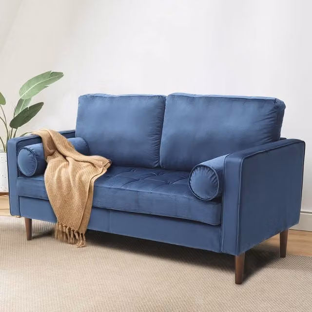 Livingandhome Mid-Century Blue Velvet Two-Seat Sofa with Scatter Cushions