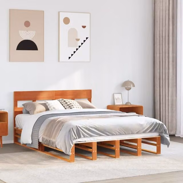 Berkfield Home Solid Wood Pine Bed Frame in Waxed Brown, W: 140 cm, L: 190 cm – 1