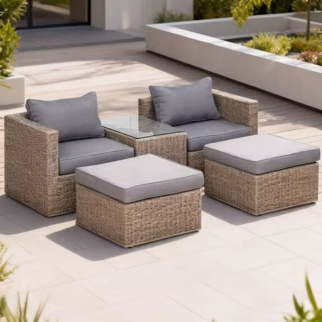 ERGOVEXA 5 Piece Brown Rattan Garden Furniture Set with Upholstered Cushions and Powder Coated Aluminium Frame