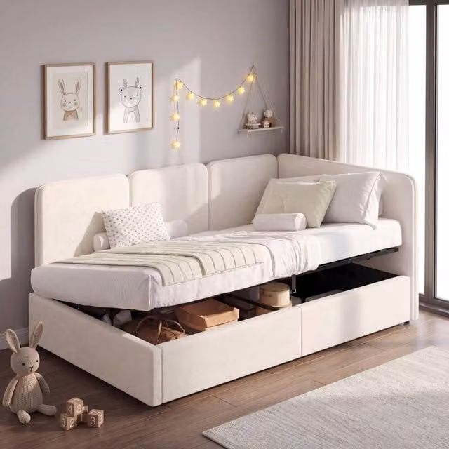 ModernLuxe Single Upholstered Ottoman Daybed with Reversible Asymmetric Chaise in Beige Bouclé Fabric, W/D/H: 90 x 190 x 76.5 cm
