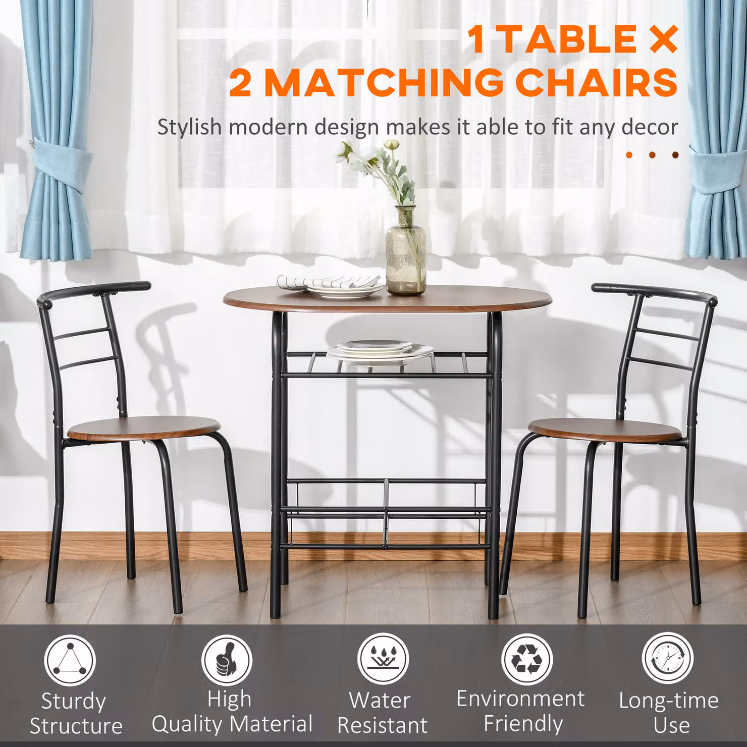 HOMCOM Industrial 2-Seater Dining Table and Bar Stool Set in Brown MDF and Metal – 2
