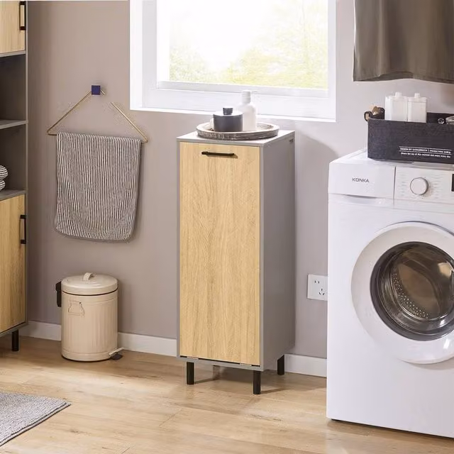 SoBuy Tall Narrow Bathroom Cabinet with Flip-Top Laundry Hamper in Light Oak