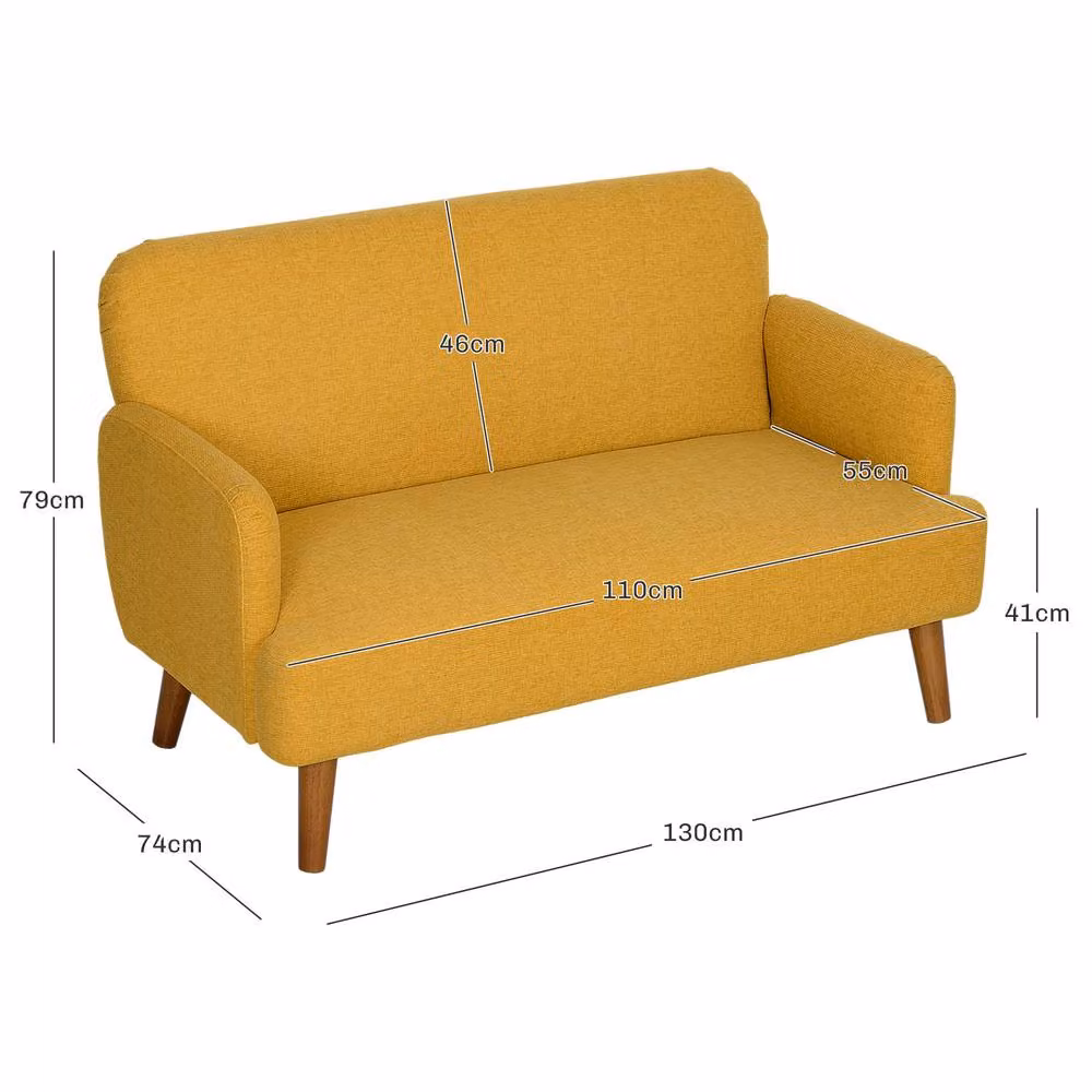 STILVORA Mid-Century 2 Seater Upholstered Fabric Sofa in Yellow with Wood Legs – 2