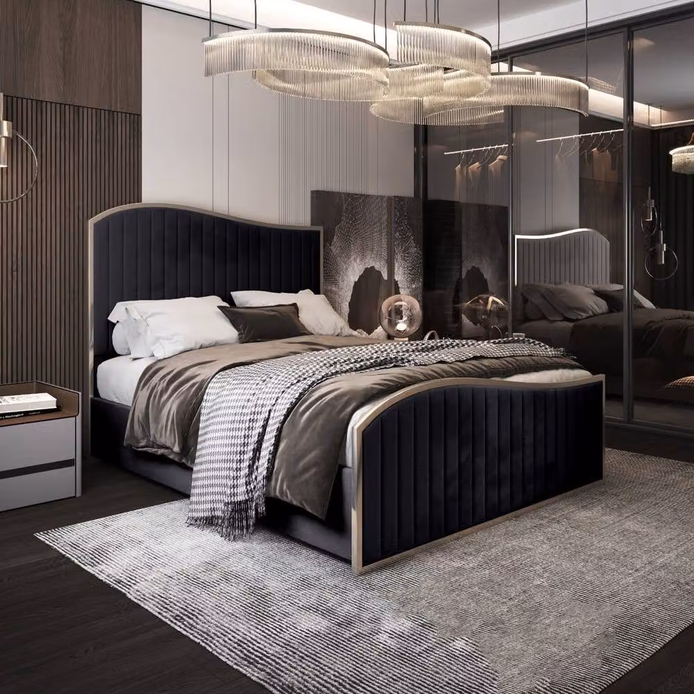 Casani Fulbeck Upholstered Velvet Bed Frame in Black with Metal Details, W/D/H: 180 x 137 x 189 cm – 2