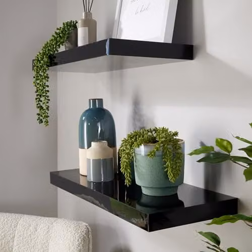 Home Source Pair of 2 Black Gloss Floating Wall Mounted Wooden Storage Shelves, W: 60 cm, D: 23.5 cm, H: 38 cm – 4