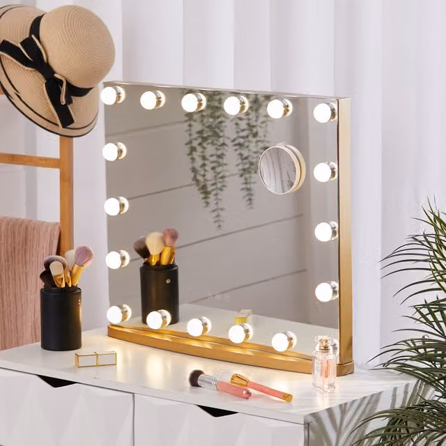 Livingandhome Hollywood Tabletop Makeup Mirror with 18 LED Bulbs in Gold