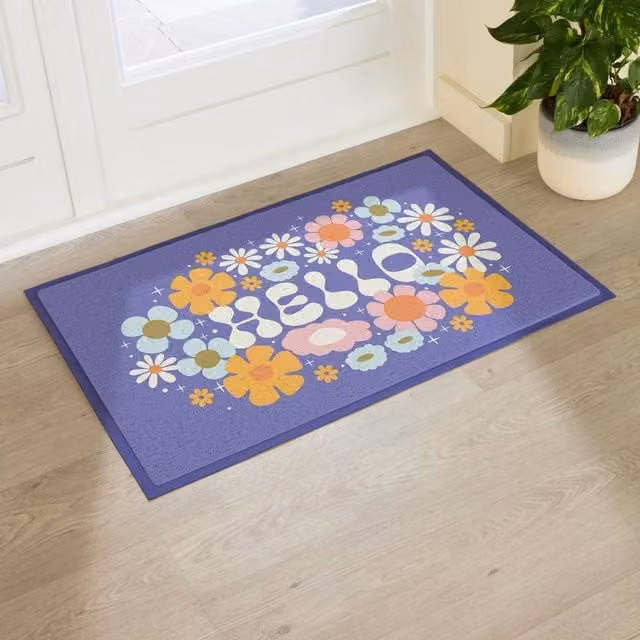 Artsy Mats Elizabeth Olwen Hello Floral Indoor/Outdoor Doormat, Purple, W: 90 cm, D: 60 cm – 1