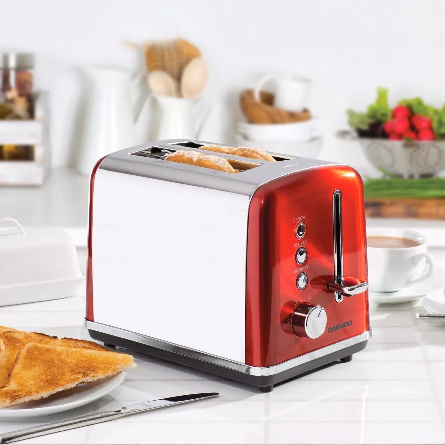 Daewoo Kensington 2 Slice Stainless Steel Toaster with Defrost and Reheat Functions, Red – 2