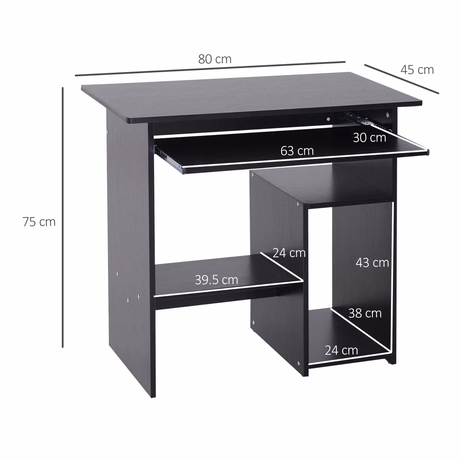 HOMCOM Compact Wooden Computer Desk with Keyboard Tray in Black – 3