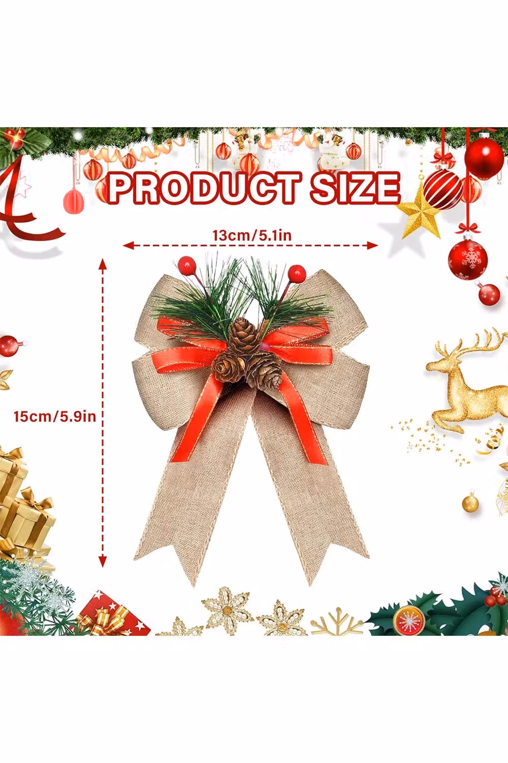 Living and Home 6 Pack Gold Christmas Tree Topper Bows with Pinecones, Green Pine Needles and Red Berries – 2