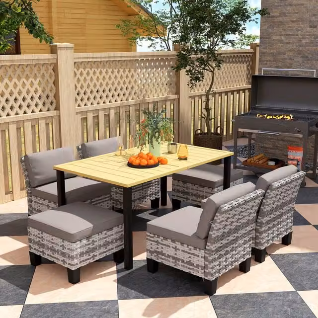 Outsunny 7-Piece Grey Polyrattan Garden Dining Set with Rectangular Table and 6 Chairs