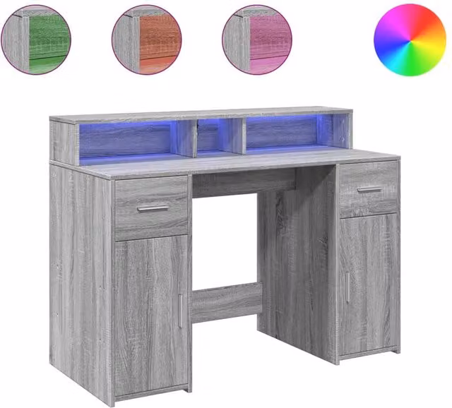 Berkfield Home Gaming Desk with LED Lights in Grey Sonoma, W/D/H: 120 x 55 x 91 cm