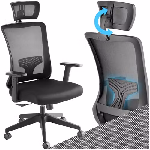 tectake Ergonomic Office Chair in Black with Headrest, Armrests and 360 Degree Swivel Function