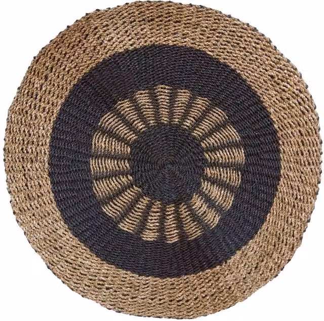 KDMD Round Seagrass Mat with Inner Sun Motif in Black and Brown, Diameter: 100 cm