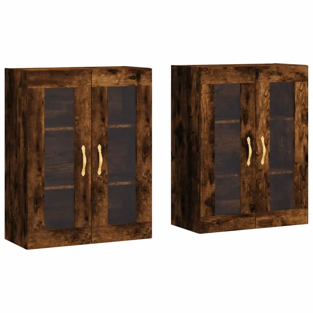 Berkfield Home Set of 2 Wall Mounted Smoked Oak Cabinets with Glass Doors in Brown – 1