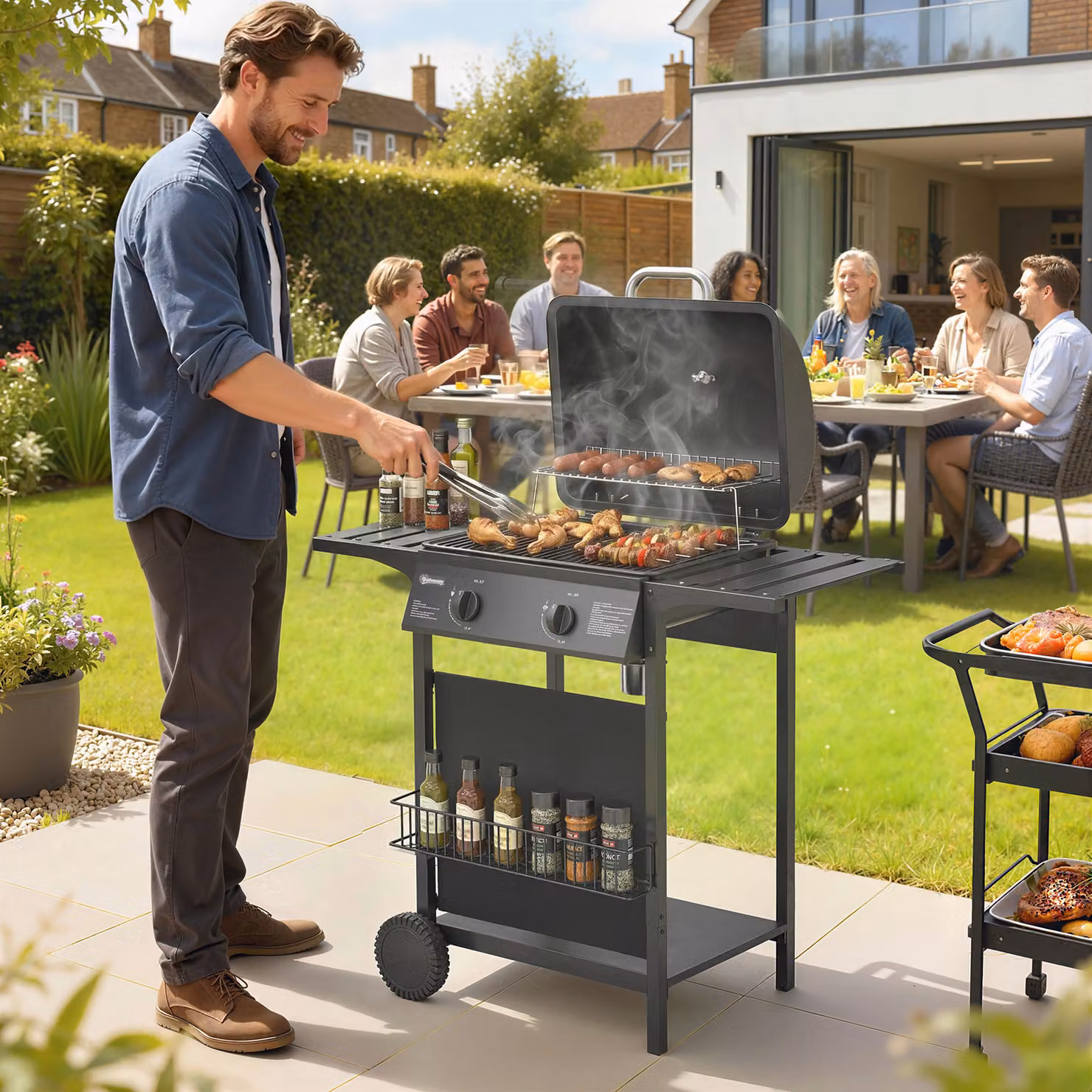 Outsunny 2 Burner Gas Barbecue Grill with Side Tables, Warming Rack, Thermometer and Wheels, Black – 2
