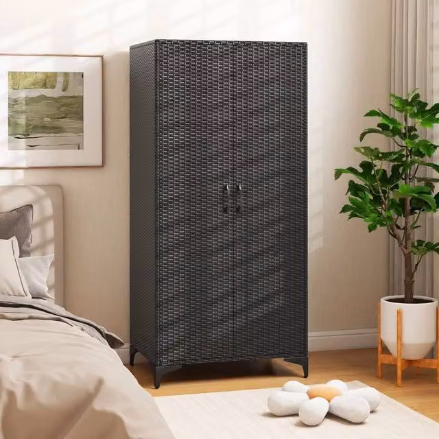 EONLION Black PE Rattan Wicker Wardrobe Armoire with Soft Close Hinged Doors, W/D/H: 100 x 100 x 157 cm – 1