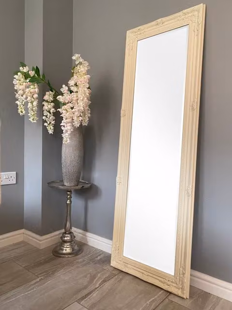 Downton Interiors Antique Style Beige Ornate Floral Wall Mirror, H 142 cm x W 47 cm