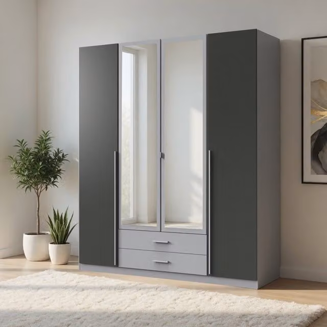 Husem Grey and Black 4 Door Modern Wardrobe with Mirror, Width: 180 cm