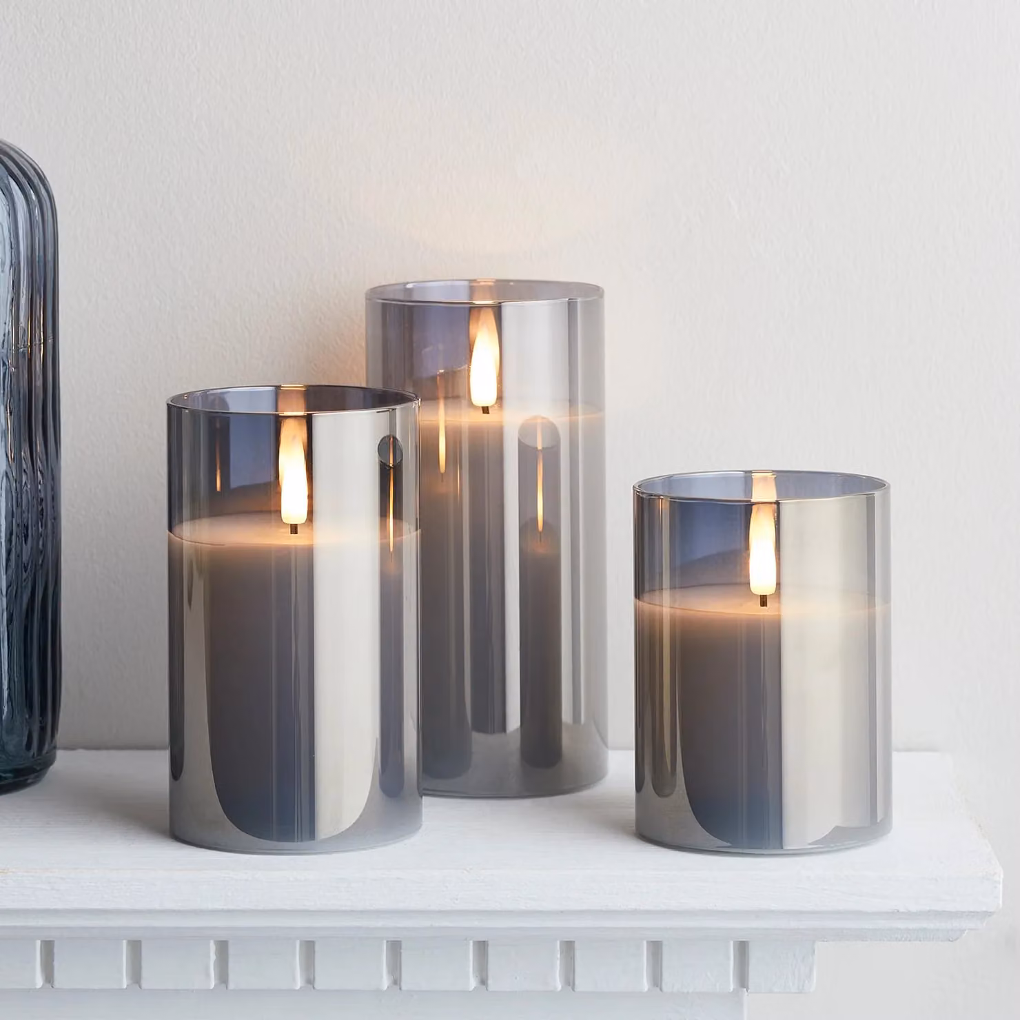 TruGlow® Smoked Grey LED Glass Pillar Candle Trio with Remote Control and Timer