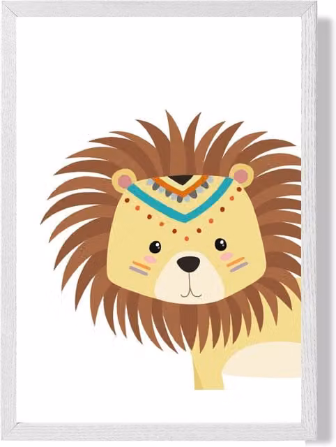 ARTZE Peeking Lion Tribal Animal Framed Print, Yellow and White