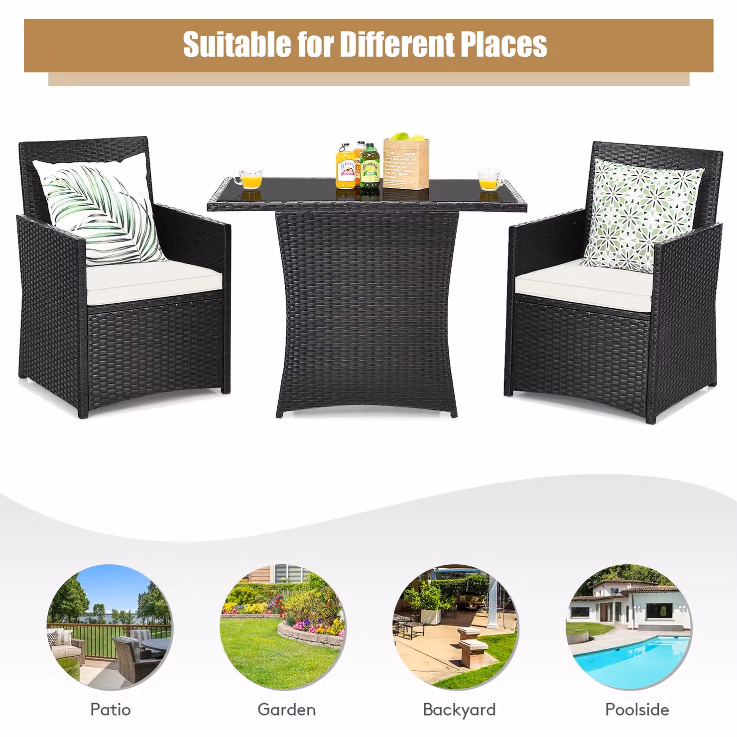 Costway 3 Piece White PE Wicker Garden Furniture Set with Coffee Table and Upholstered Cushions – 5