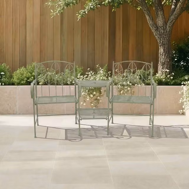 Charles Bentley Rustic Metal Garden Companion Seat with Leaf Design in Green, W/D/H: 156 x 90 x 66 cm – 1