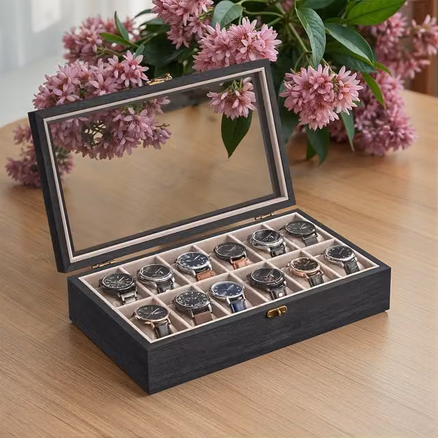 SONGMICS Solid Wood Watch Box with 12 Slots and Glass Lid, Black