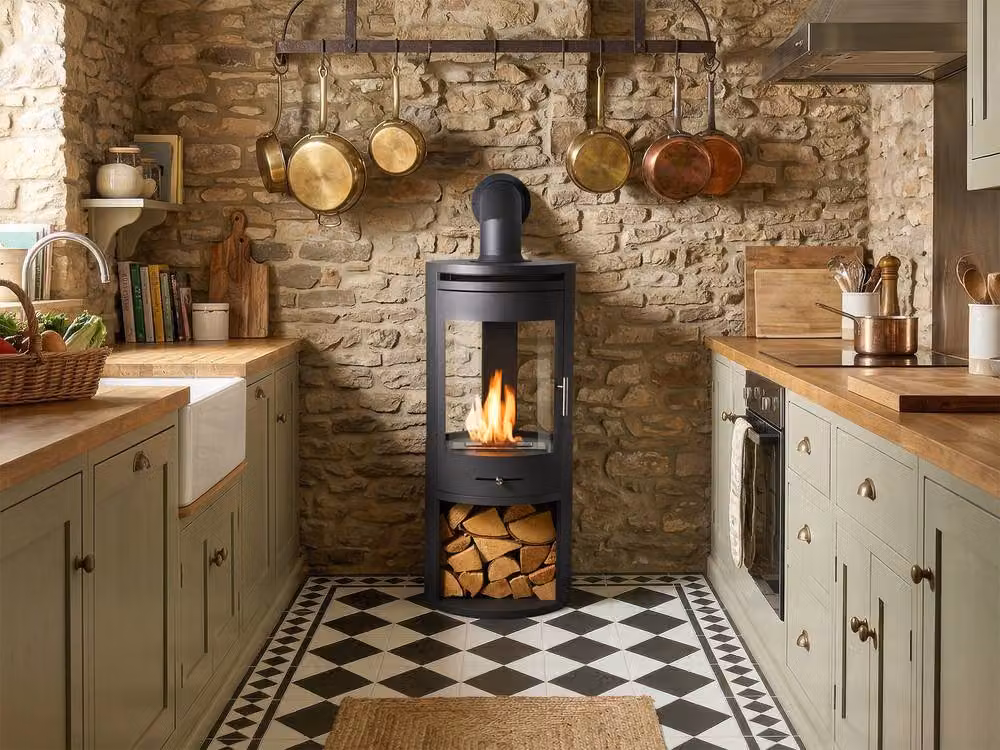 OKO S7 Bio Ethanol Panoramic Stove with Log Storage and Angled Metal Pipe in Dark Grey – 4