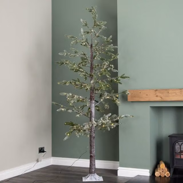 Samuel Alexander 8ft (2.40m) Tall Light up Christmas Snow Tree with 412 Warm White LEDs in White and Brown, H: 240 cm, W: 80 cm, D: 80 cm