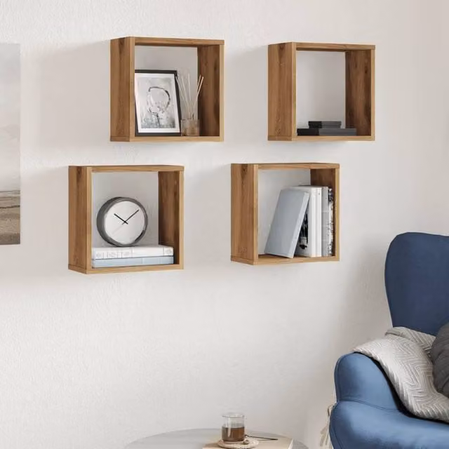 Berkfield Home Artisan Oak Wall Cube Shelves, 4 Piece Brown Engineered Wood Set, W/D/H: 30 x 15 x 30 cm – 1