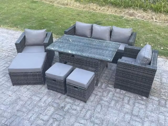 Fimous Dark Grey Rattan Garden Furniture Set with Dining Table, Lounge Sofa, Chairs and 3 Footstools